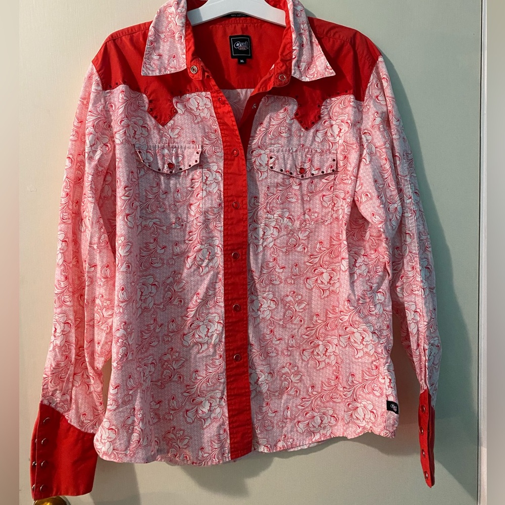 Cruel Girl Western Shirt XL Rhinestones Red White Cotton
